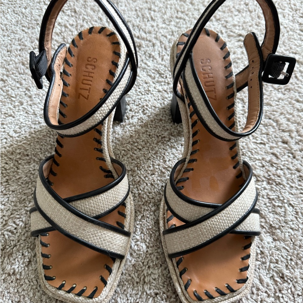 SCHUTZ Black and Cream Strappy Sandals